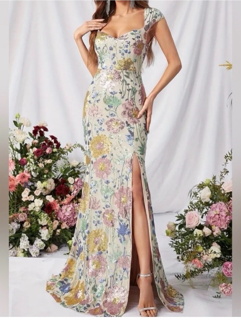 Elegant Floral Sequin Column Dress in Ivory with Pastel Florals